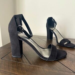 Black open toe block heel sandals. Satin like material. Size 7. Ankle strap.